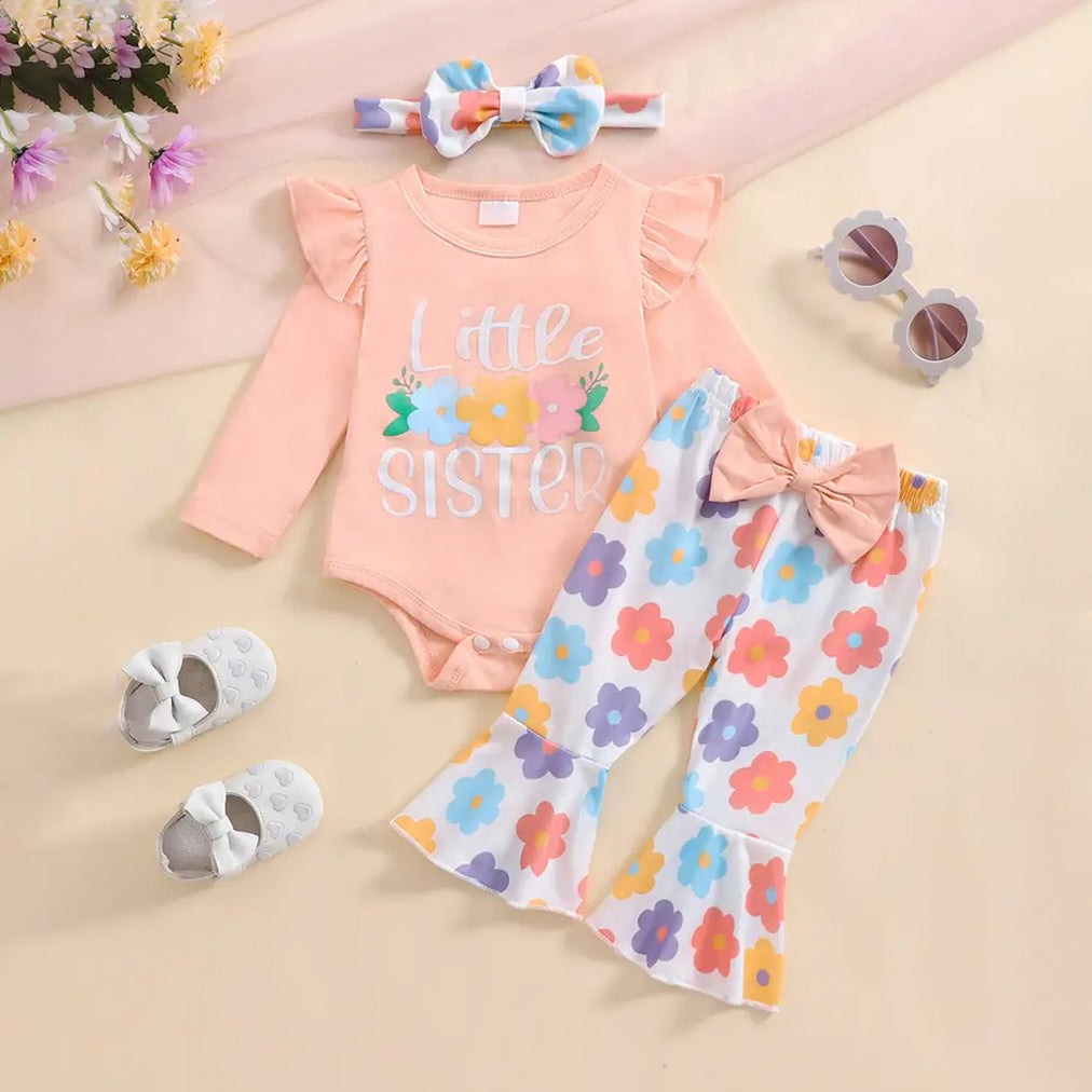 3PCS Cute Little Sister Letter Floral Printed Baby Set