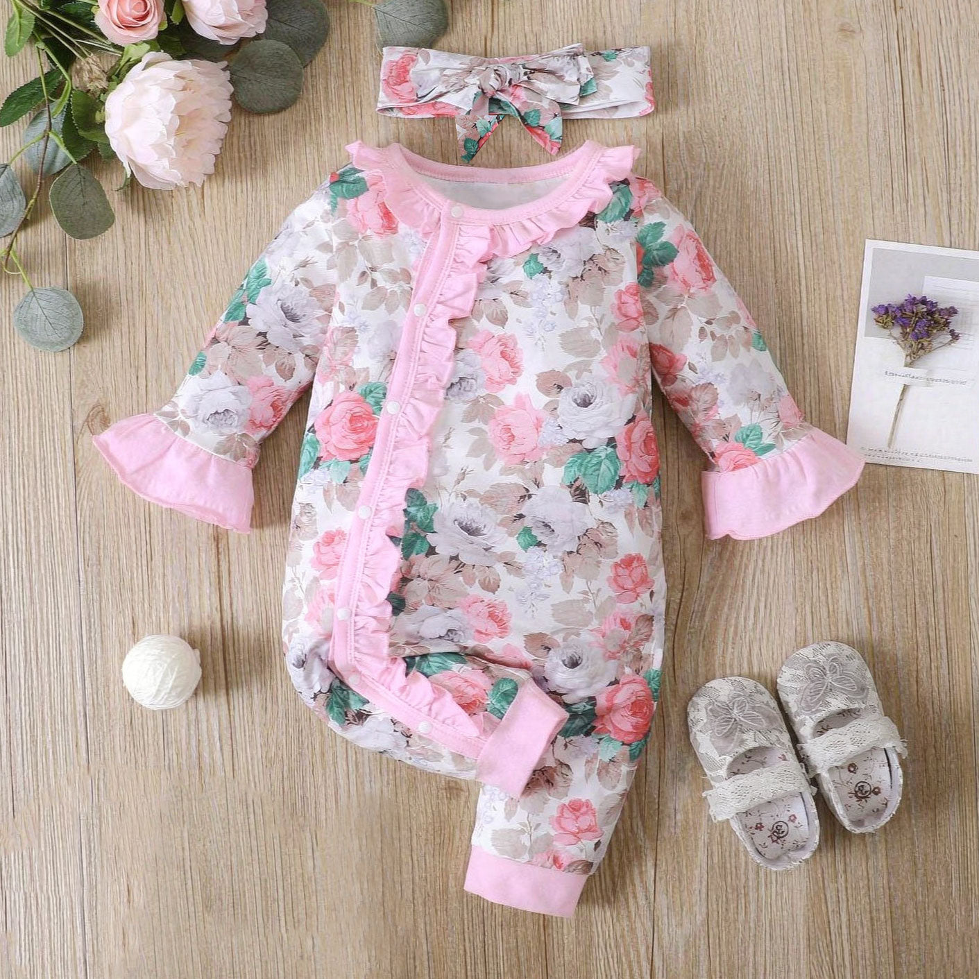 2PCS Romantic Floral Printed Ruffle Long Sleeve Baby Jumpsuit