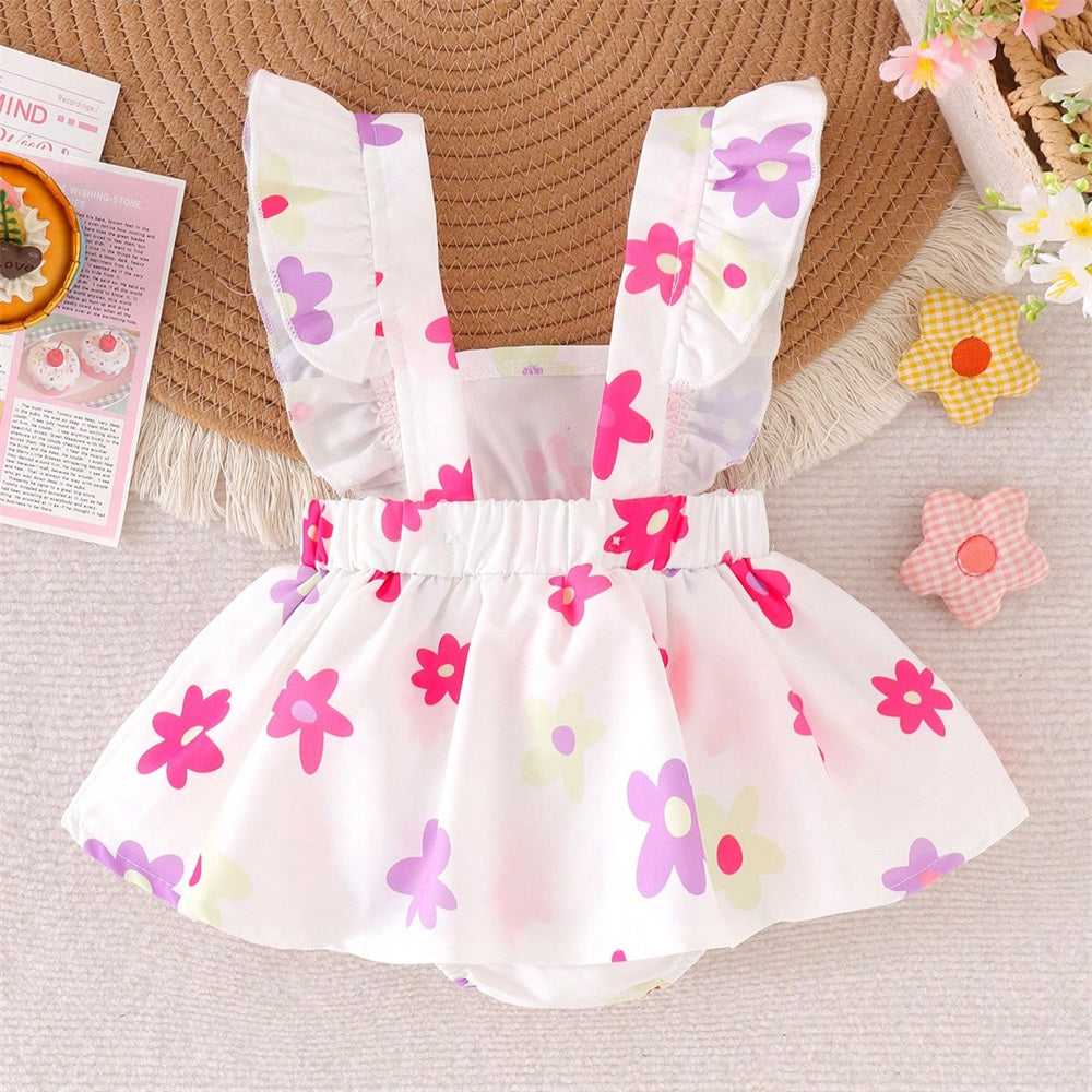 Casual Floral Printed Flounce Sleeve Baby Romper