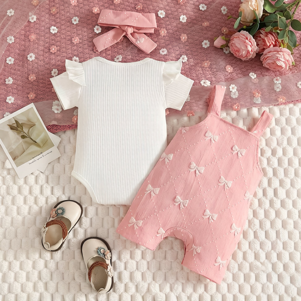 3PCS Pretty Bowknot Appliqué Short Sleeve Overalls Baby Set