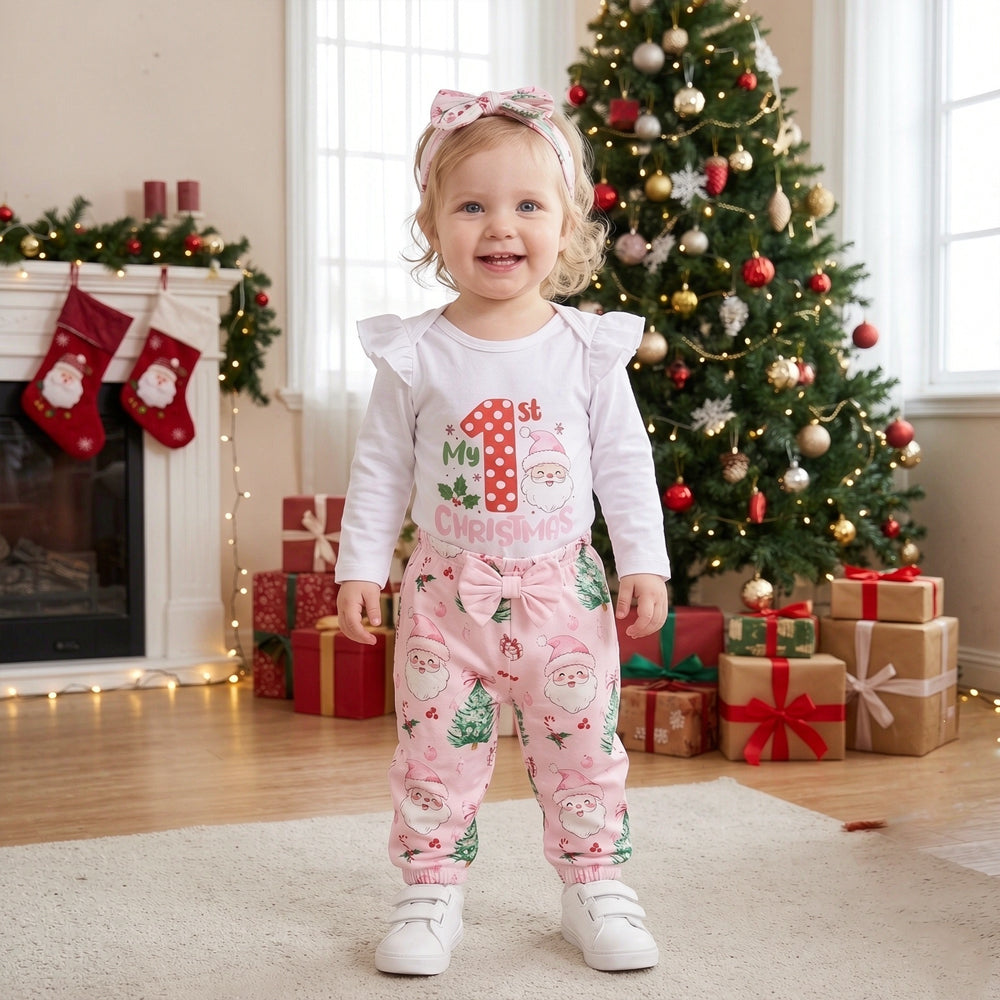 3PCS Chic My 1st Christmas Letter Santa Print Long Sleeve Baby Girl Set