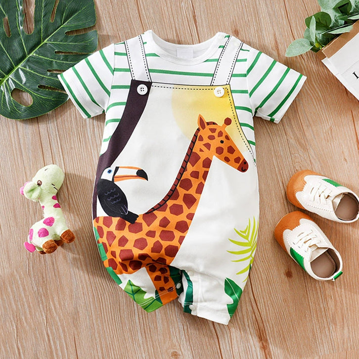 Casual Giraffe Print Striped Short Sleeve Baby Jumpsuit