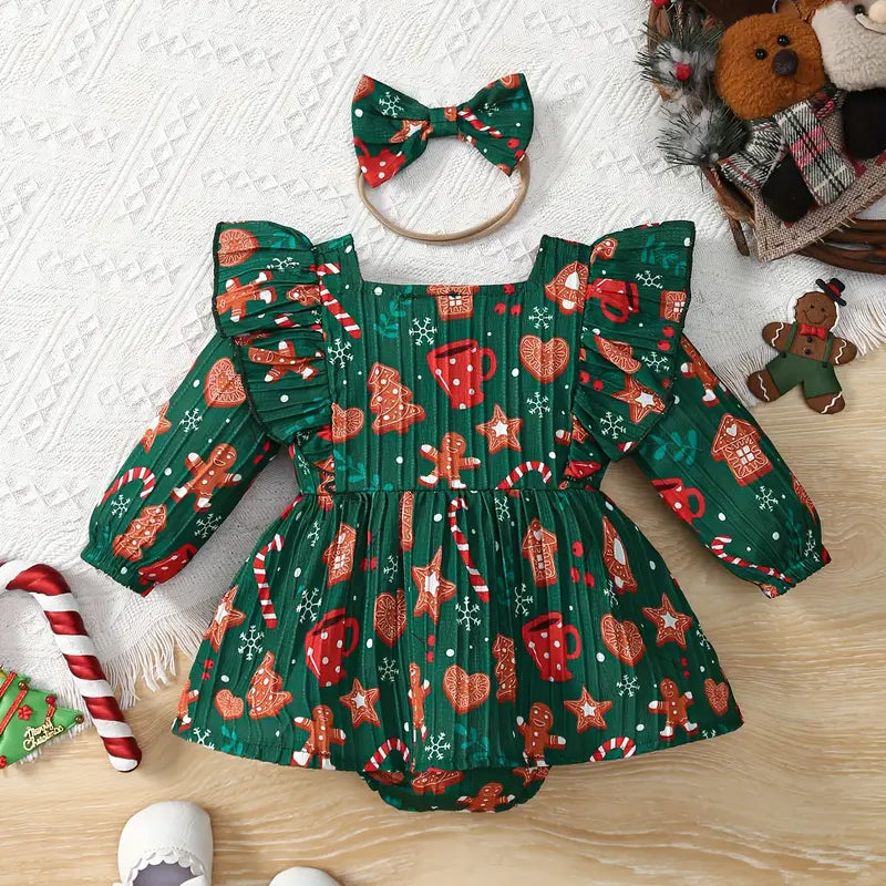 2PCS Christmas Style Printed Ruffled Long Sleeve Baby Romper