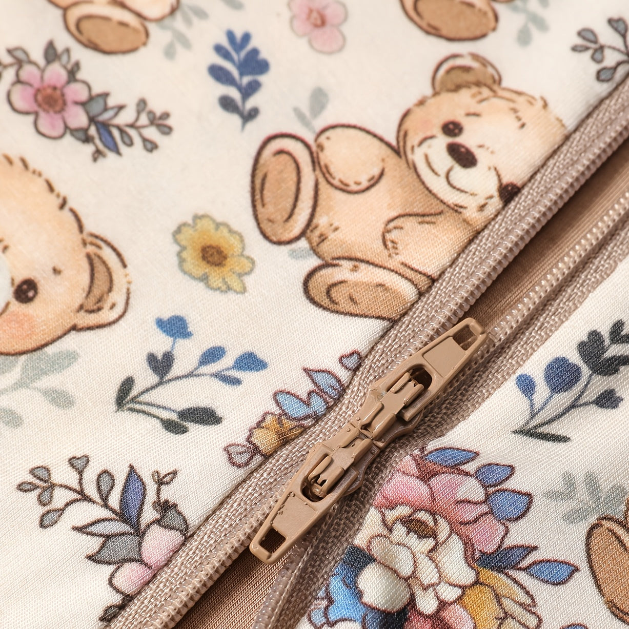 Lovely Bear & Floral Print Zipper Long Sleeve Baby Jumpsuit