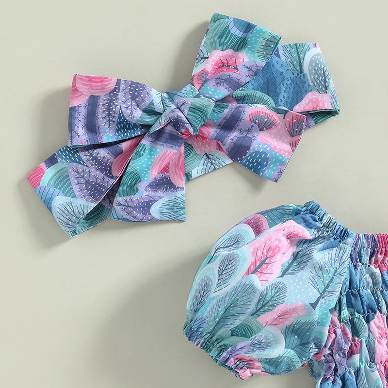 2PCS Allover Leaf Printed Short Sleeve Baby Romper