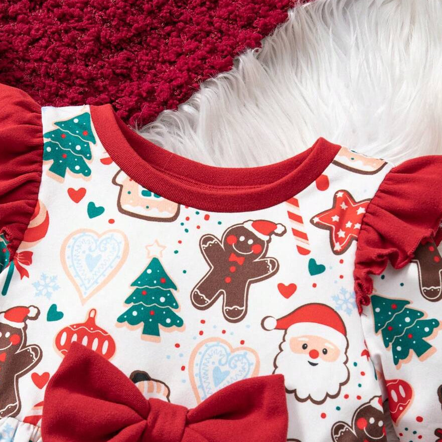 Lovely Christmas Print Bow Long Sleeve Baby Girl Romper
