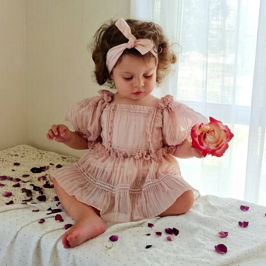 Grace Solid Color Mesh Puff Sleeve Baby Romper