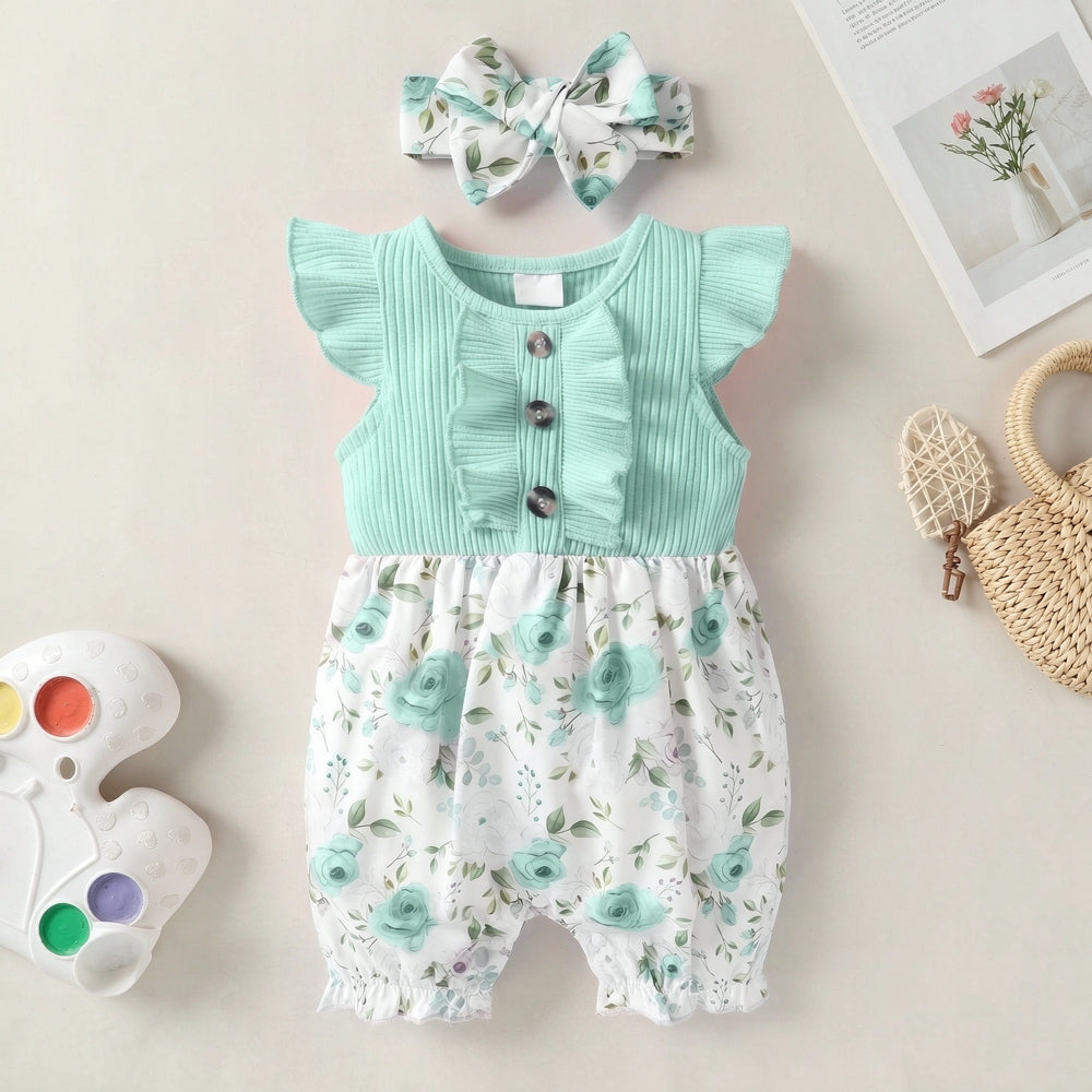 2PCS Sweet Rose Printed Flutter Sleeve Baby Girl Jumpsuit