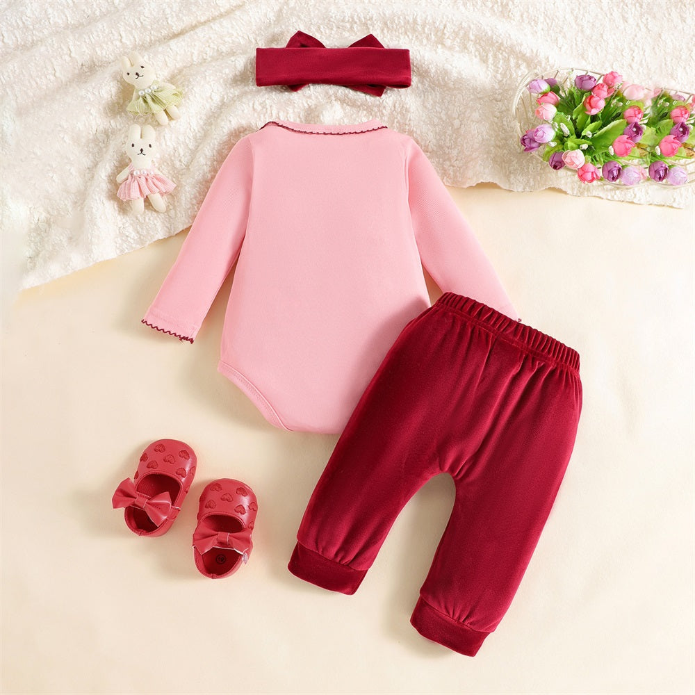 3PCS Cute Bear Embroidery Long Sleeve Baby Girl Set