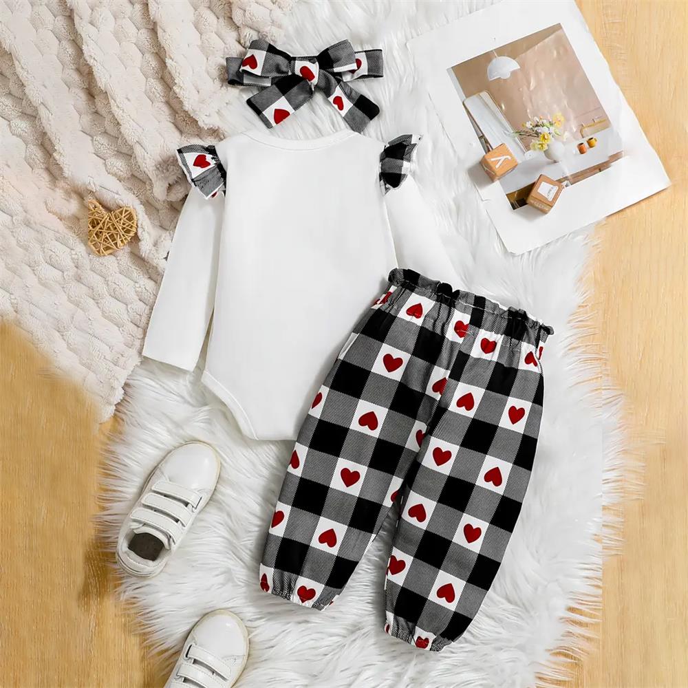 3PCS Plaid Heart Print Long Sleeve Baby Set