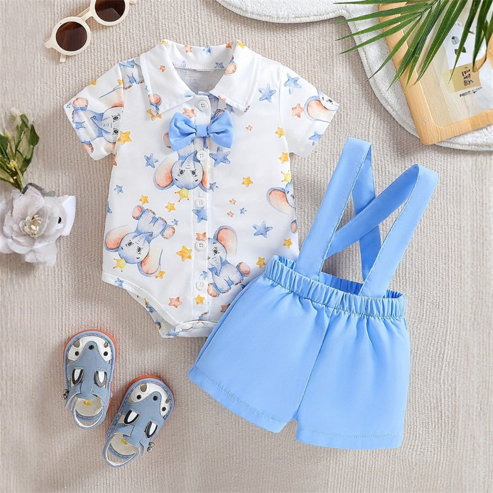 2PCS Summer Elephant Printed Short Sleeve Baby Set