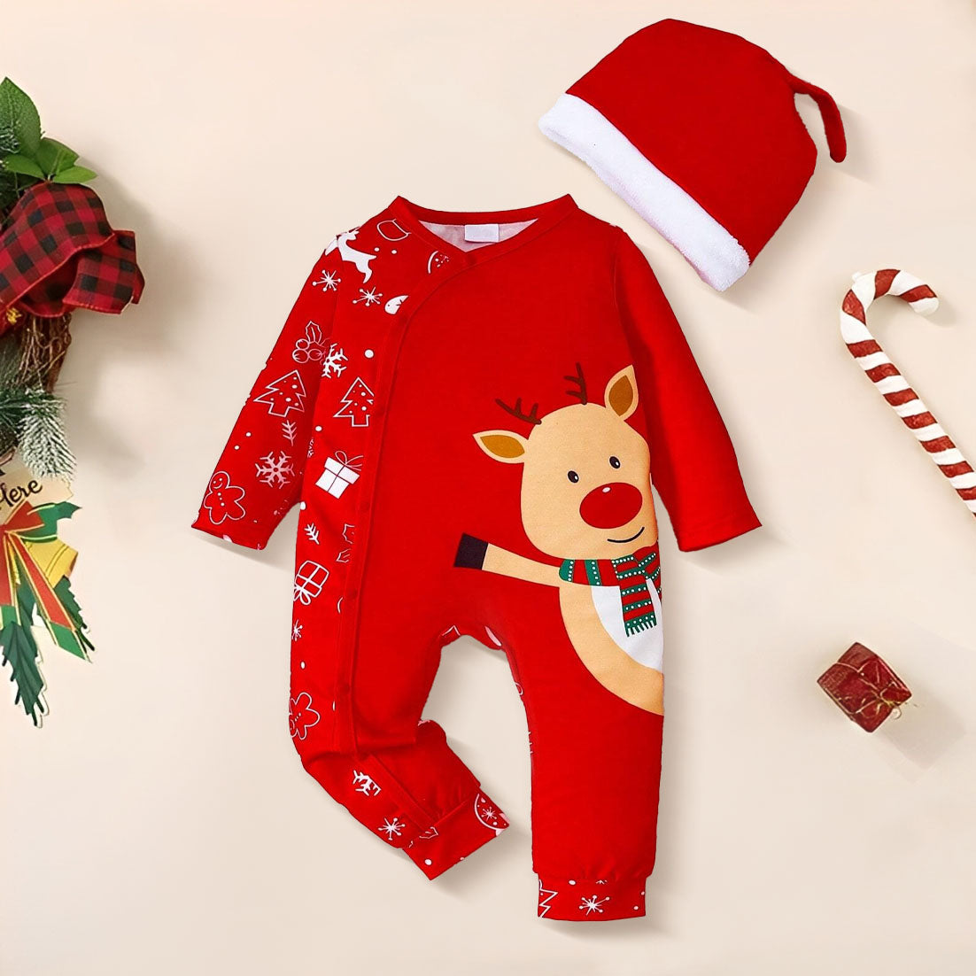 2PCS Christmas Elk Print Long Sleeve Baby Jumpsuit
