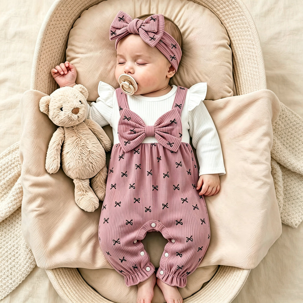 2PCS Sweet Faux Two Piece Bow Print Baby Girl Corduroy Jumpsuit