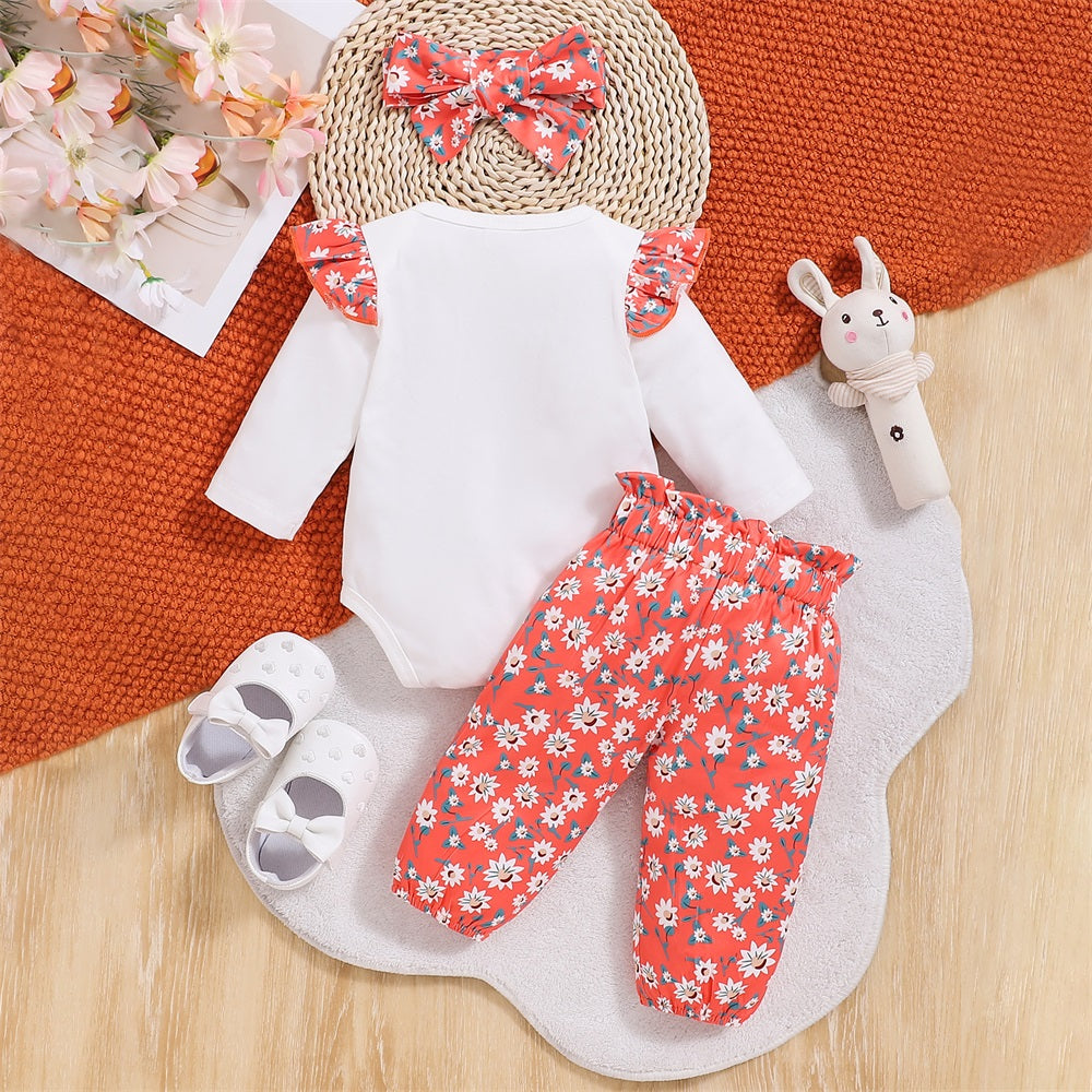 3PCS Fashion Floral Heart Print Long Sleeve Baby Set
