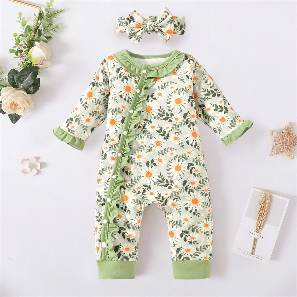 2PCS Stylish Lovely Floral Printed Long Sleeve Baby Jumpsuit