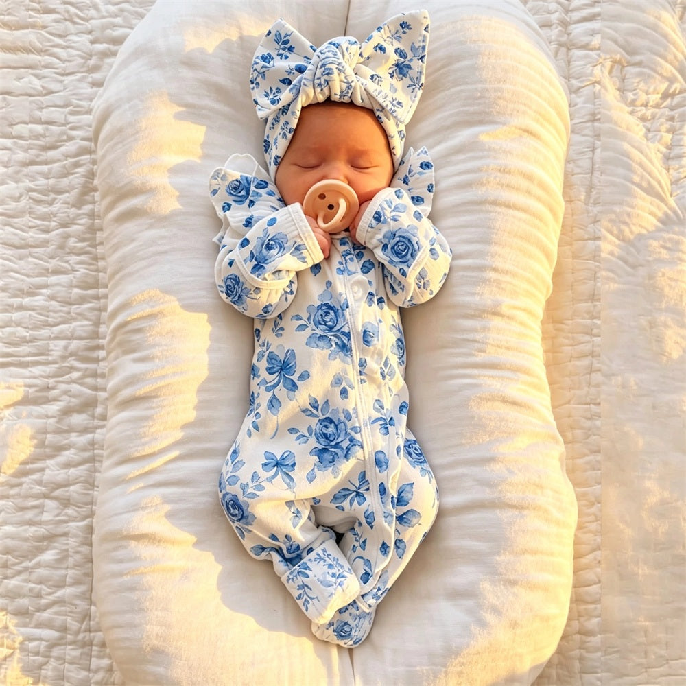 2PCS Exquisite Floral Print Long Sleeve Zipper Baby Jumpsuit
