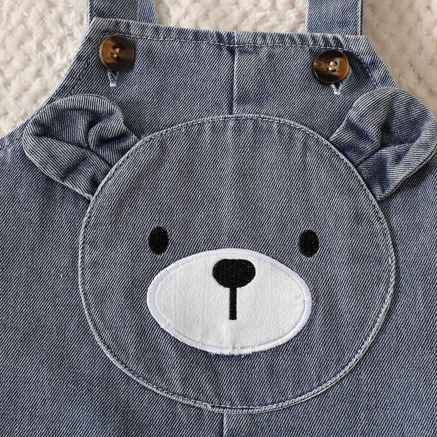 2PCS Cute Teddy Bear Print Denim Short Sleeve Overalls Baby Set