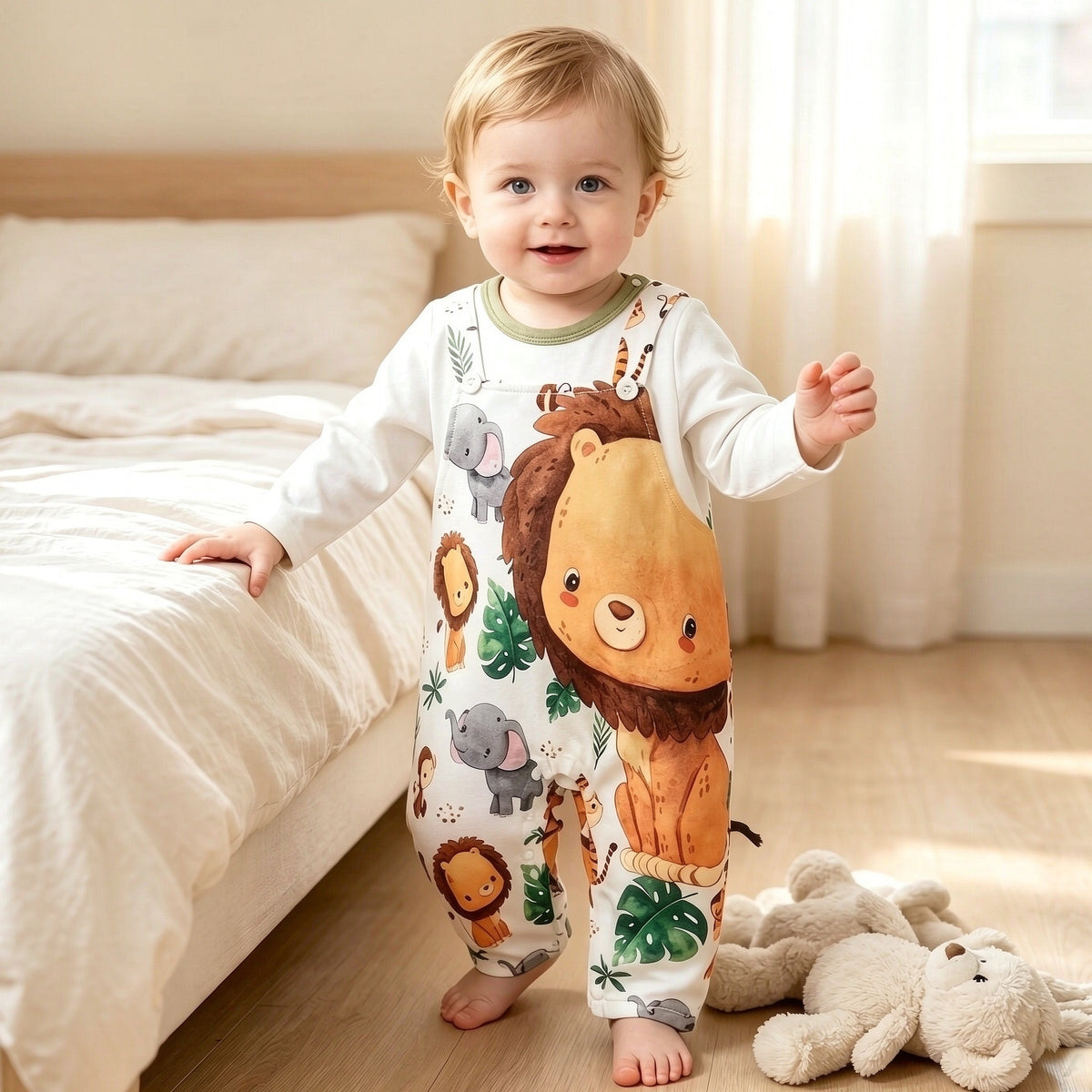 Casual Lion Elephant Print Faux Layer Long Sleeve Baby Jumpsuit