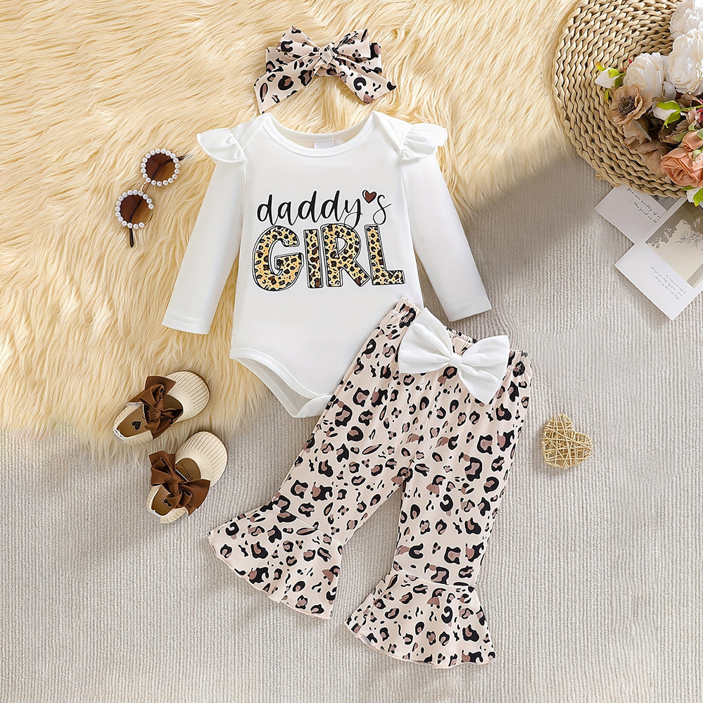 3PCS Daddy's Girl Letter Leopard Printed Long Sleeve Baby Set