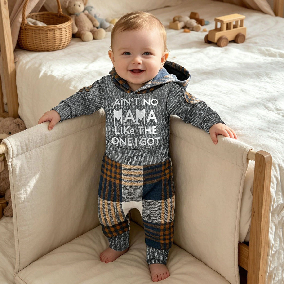 2PCS Cozy Ain't No Mama Letter Plaid Print Hoodie Long Sleeve Baby Set