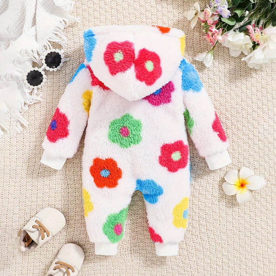 Cute Floral Printed Long Sleeve Fuzzy Hooded Baby Jumpsuit