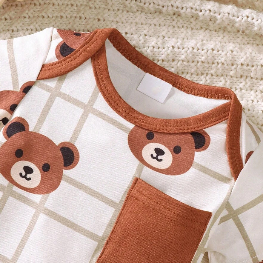 3PCS Cute Bear & Geometric Grid Print Short Sleeve Baby Set