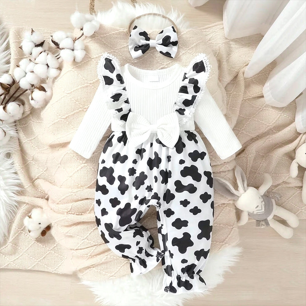 2PCS Chic Cow Print Ruffle Decor Long Sleeve Baby Girl Jumpsuit