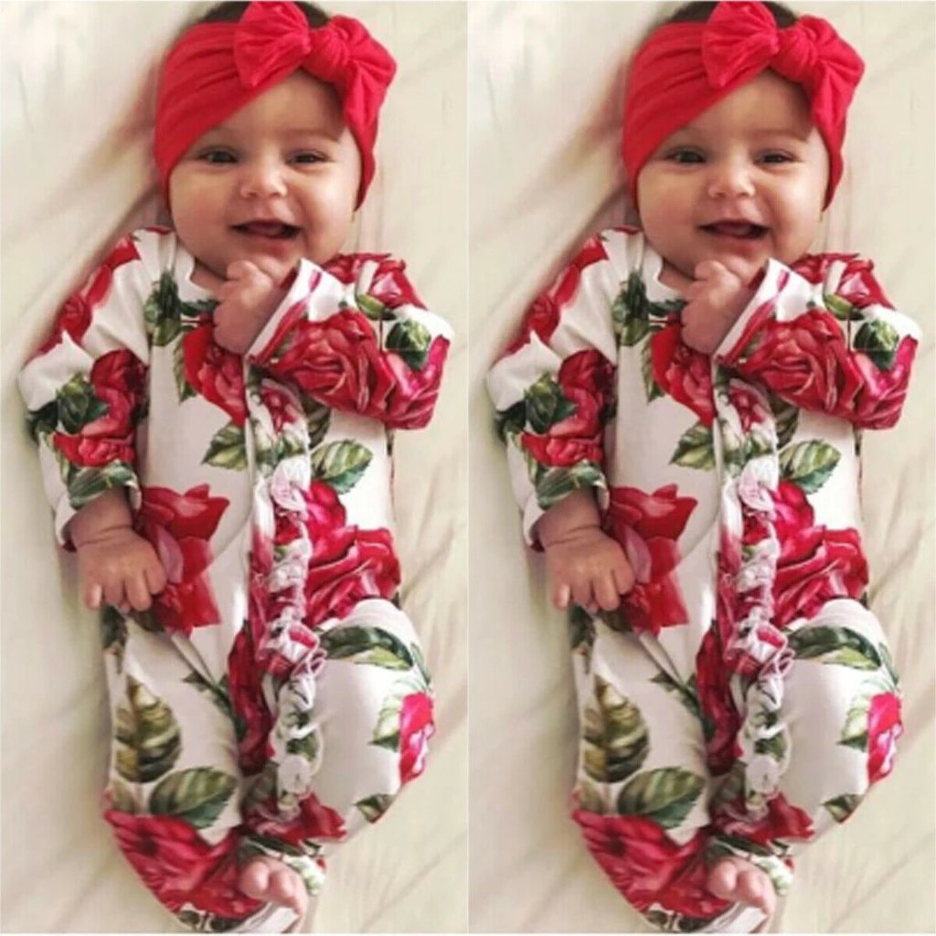 2PCS Lovely Full Floral Printed Long-sleeve Baby Jumpsuit With Headband