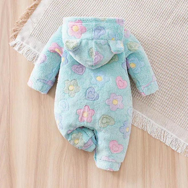 Cute Floral Print Plush Long Sleeve Hooded Baby Jumpsuit