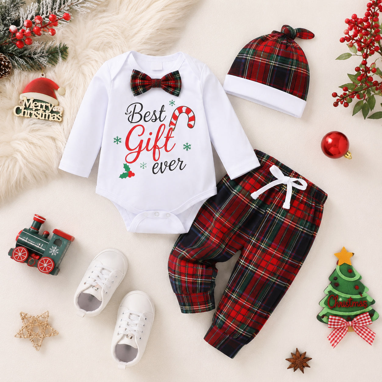 3PCS Best Gift Ever Letter Plaid Printed Christmas Baby Set