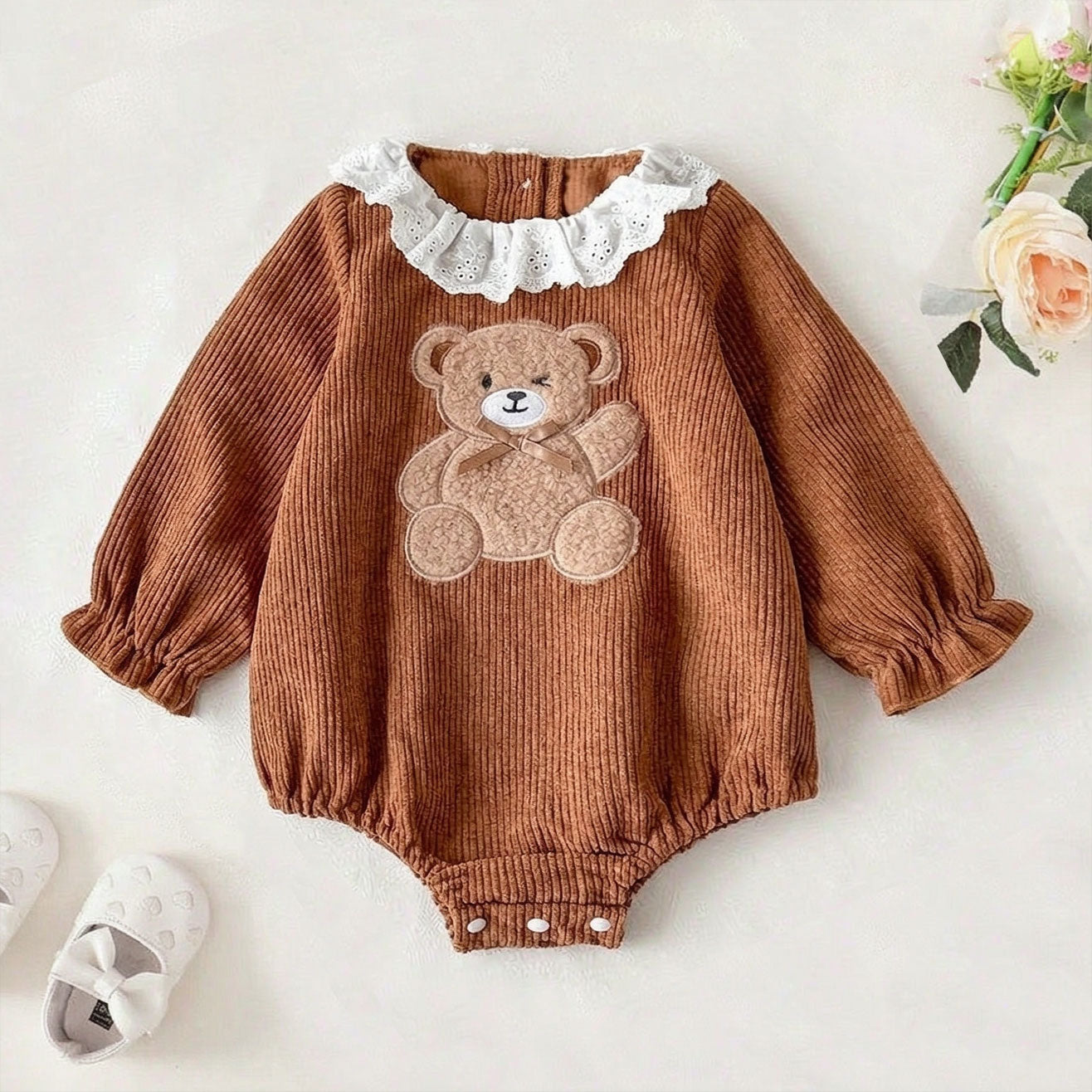 Lovely Bear Appliqué Long Sleeve Baby Romper
