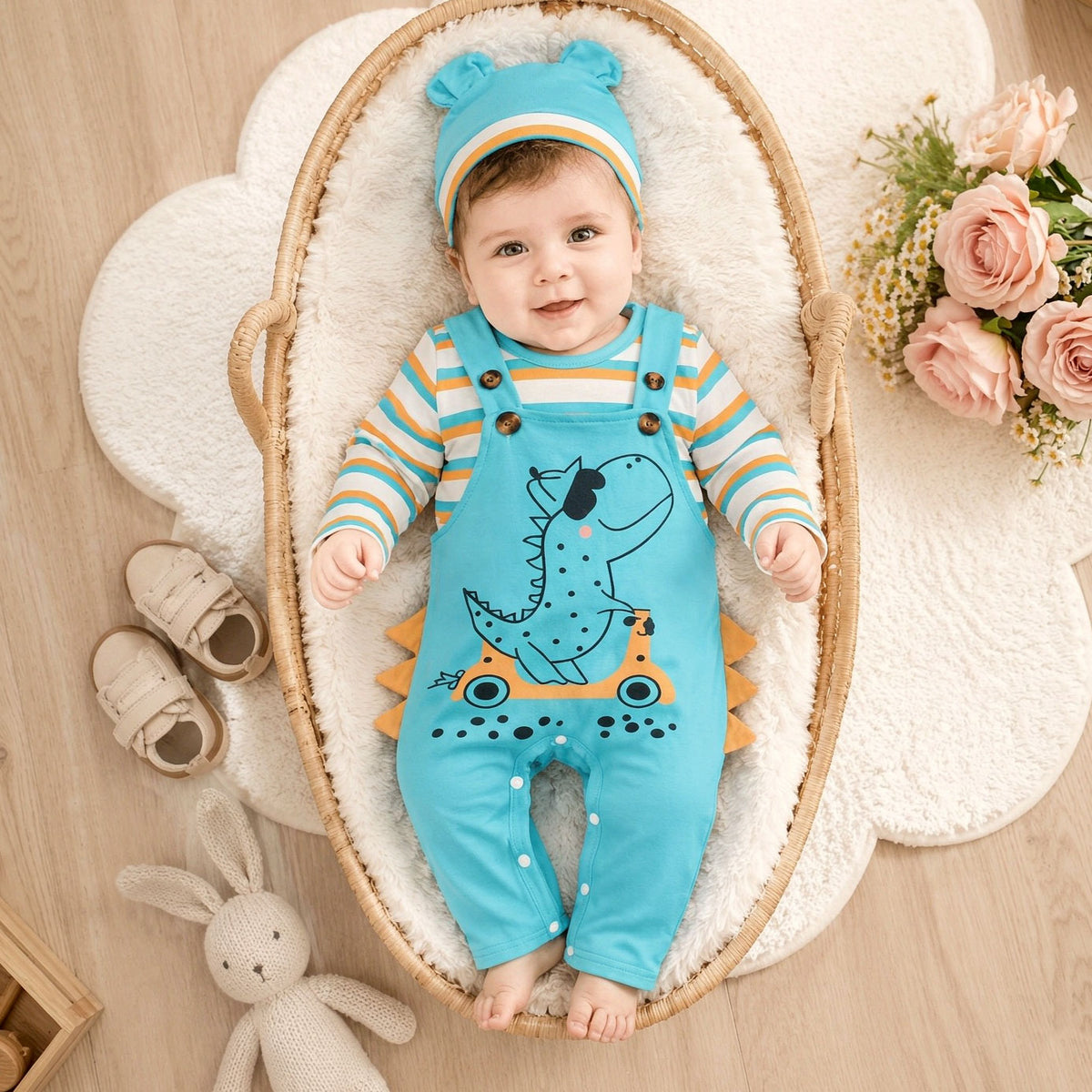 3PCS Dinosaur and Stripe Print Long Sleeve Baby Boy Overalls Set