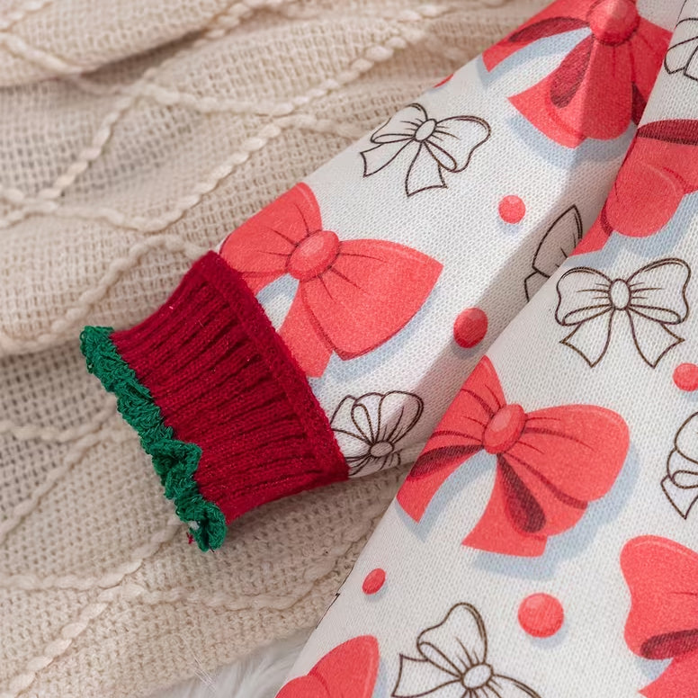 Pretty Bow Polka Dots Print Knit Long Sleeve Baby Girl Jumpsuit