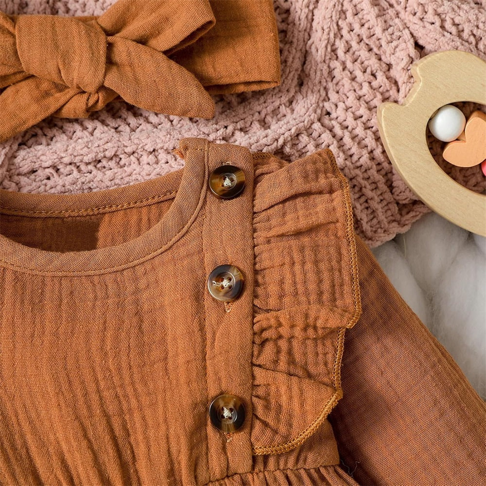 2PCS Solid Color Ruffle Trim Long Sleeve Baby Jumpsuit