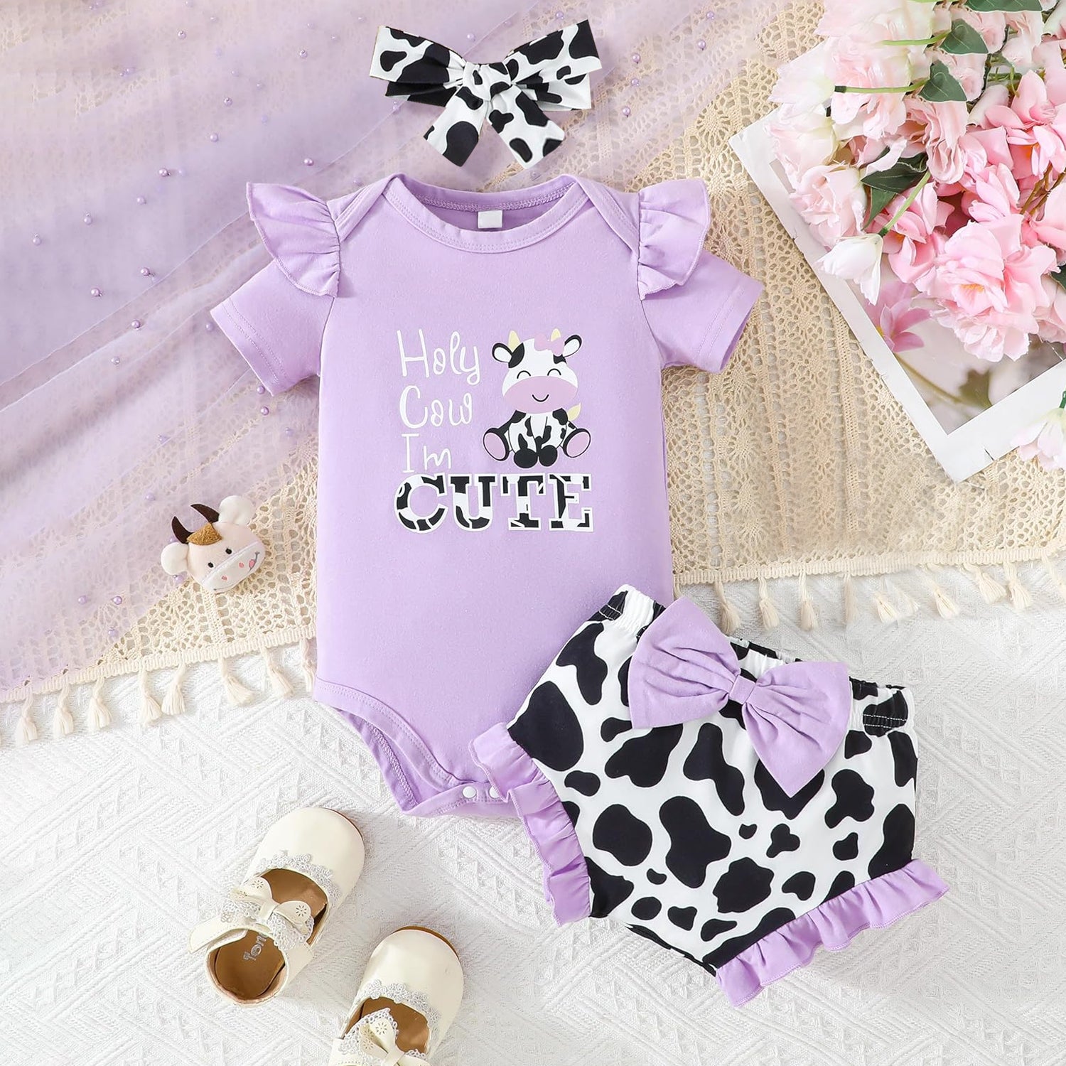 3PCS Holy Cow I'm Cute Letter Print Short Sleeve Baby Set
