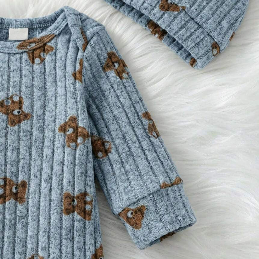 2PCS Casual Bear Printed Long Sleeve Baby Jumpsuit