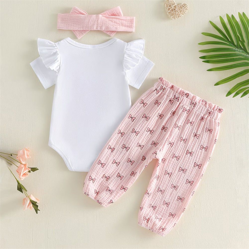 3PCS Daddy's Little Girl Letter Embroidery Bow Print Baby Set