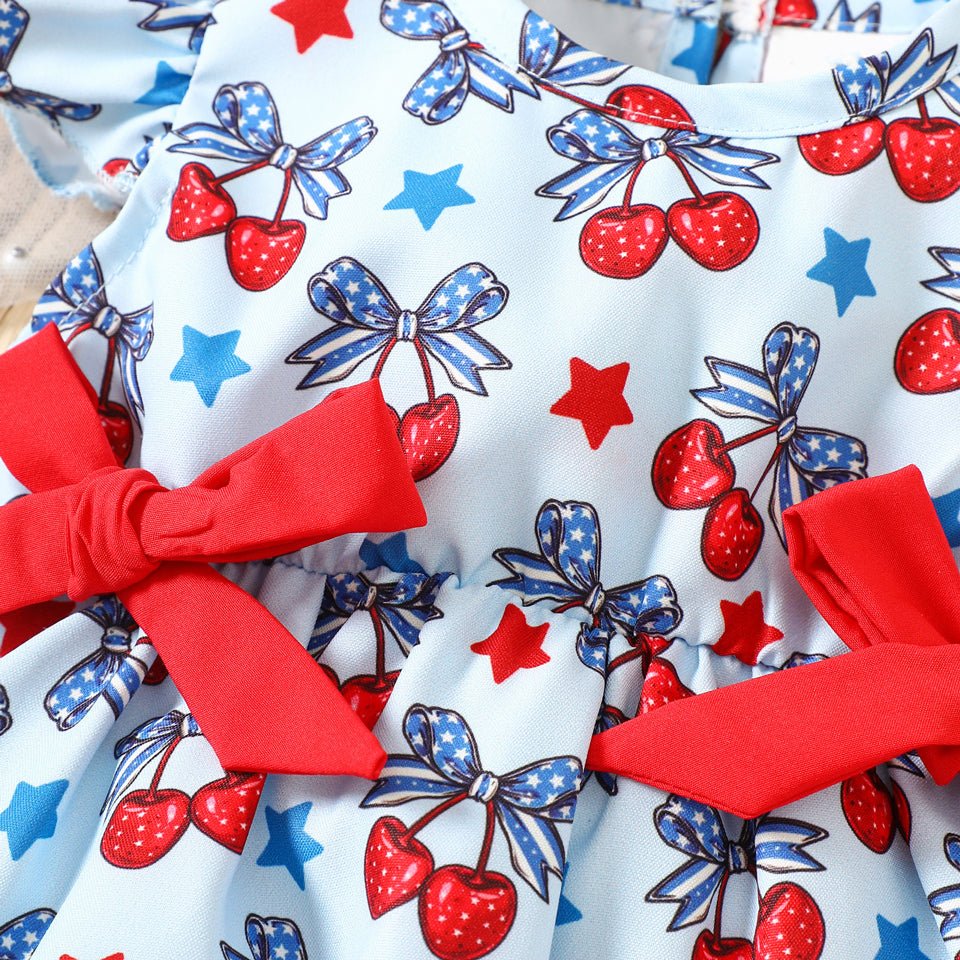 Sweet Cherry & Star Print Flutter Sleeve Baby Girl Romper
