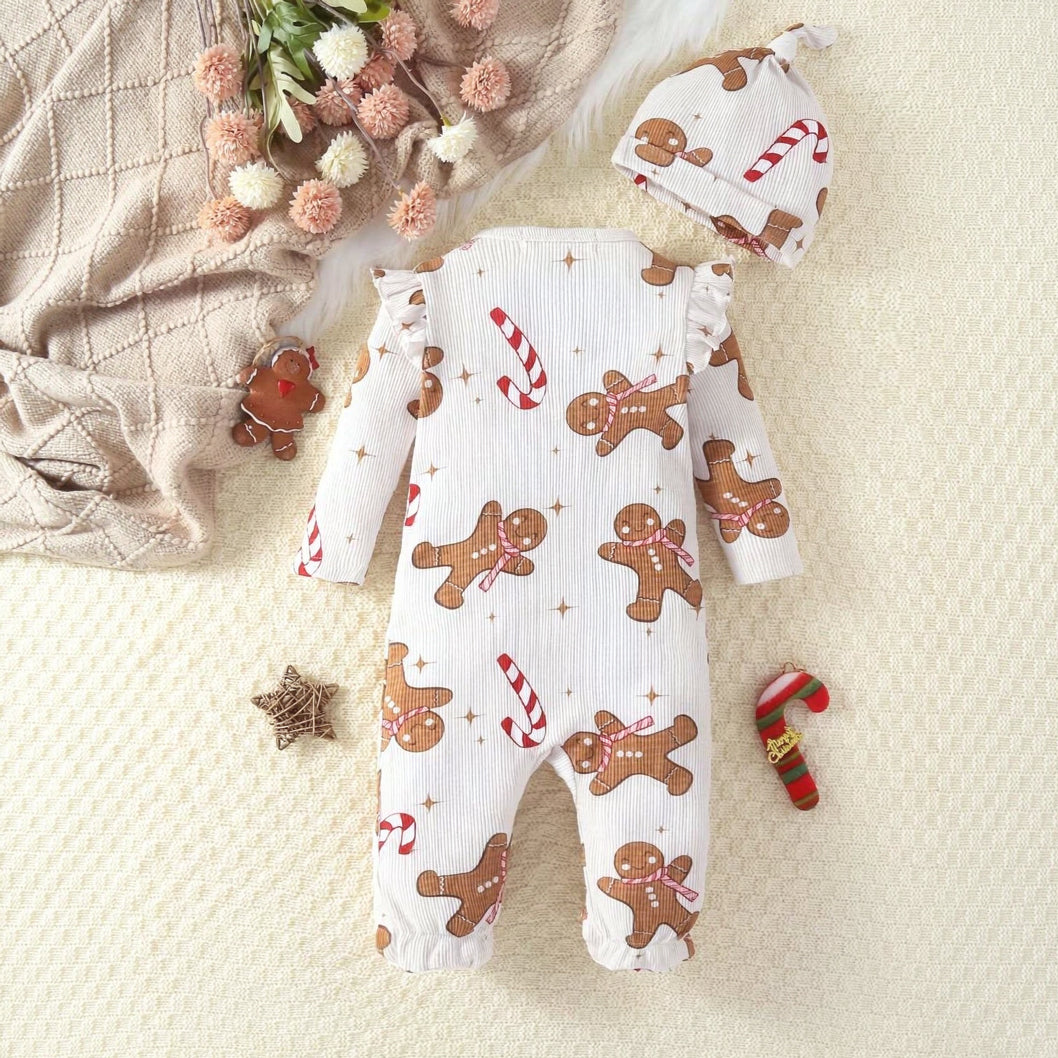 2PCS Gingerbread Candy Cane Print Long Sleeve Baby Zipper Jumpsuit