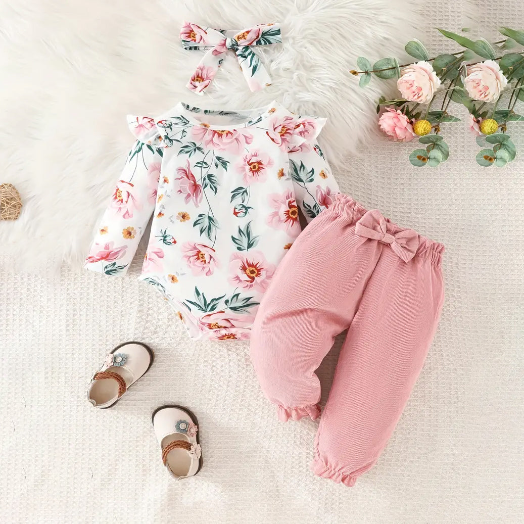 3PCS Casual Flower Pattern Ruffled Long Sleeve Baby Set