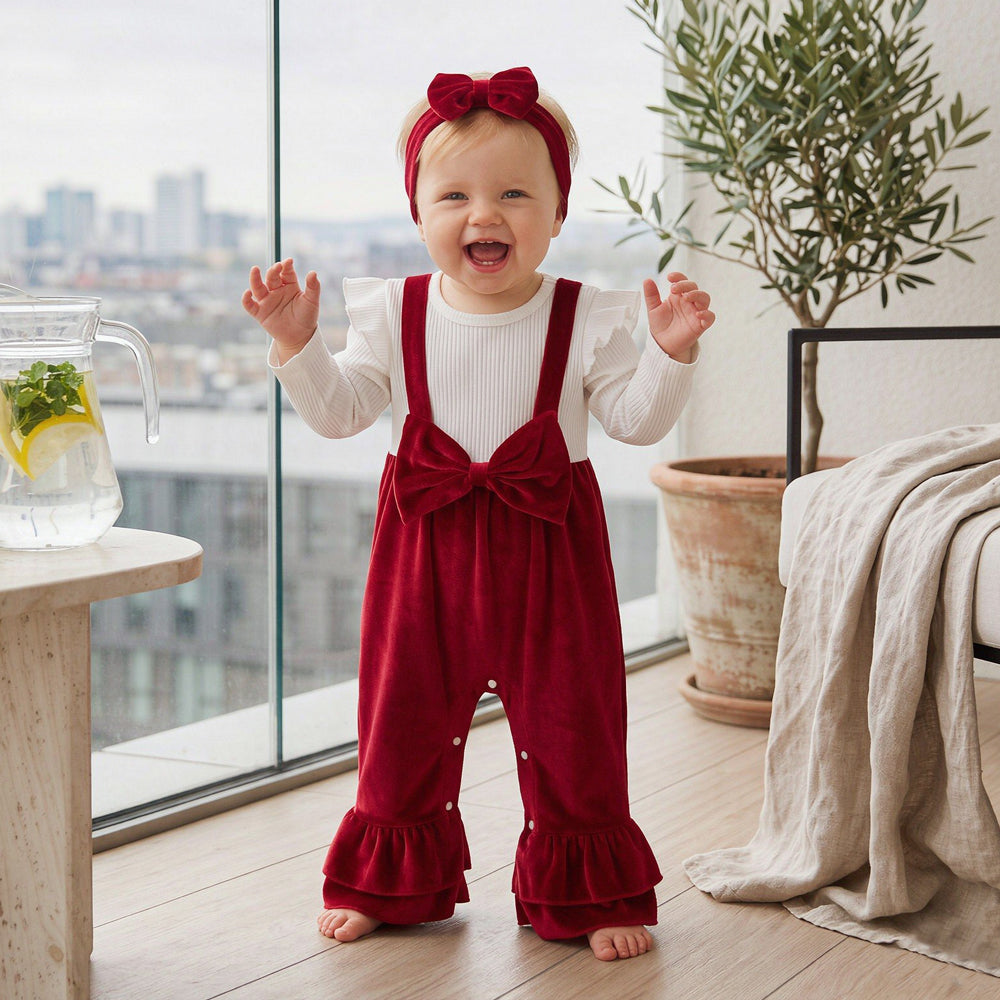 2PCS Charming Color Block Red Velvet Long Sleeve Baby Jumpsuit