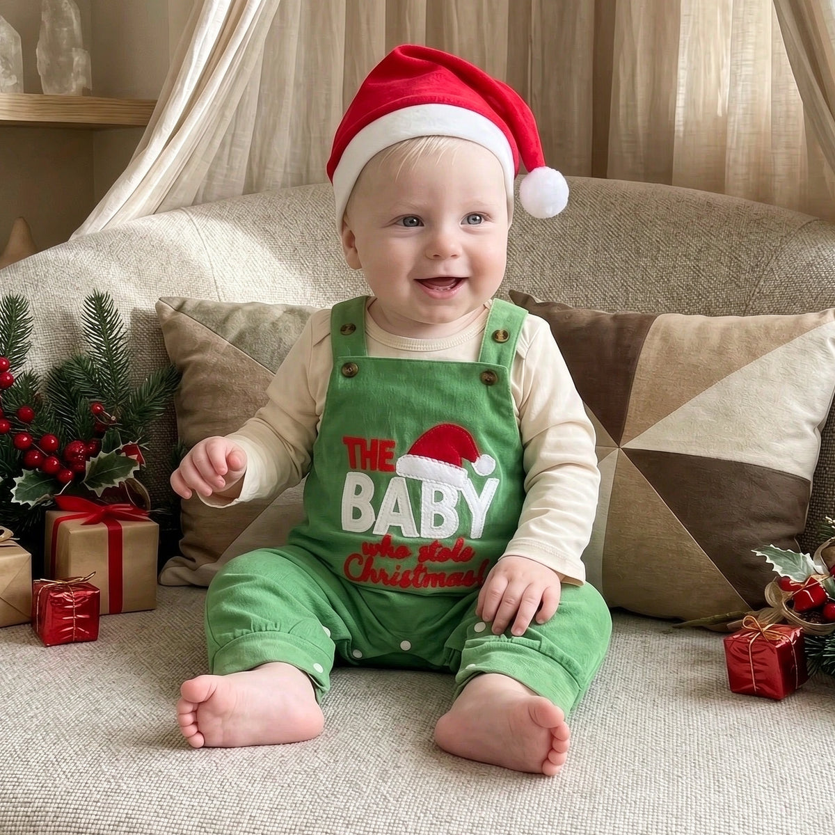 3PCS Cute Letter Santa Hat Applique Overalls Baby Christmas Set