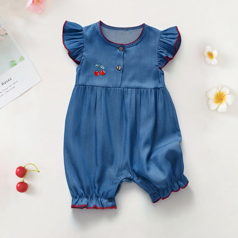 Stylish Solid Color Denim Ruffles Sleeveless Baby Jumpsuit