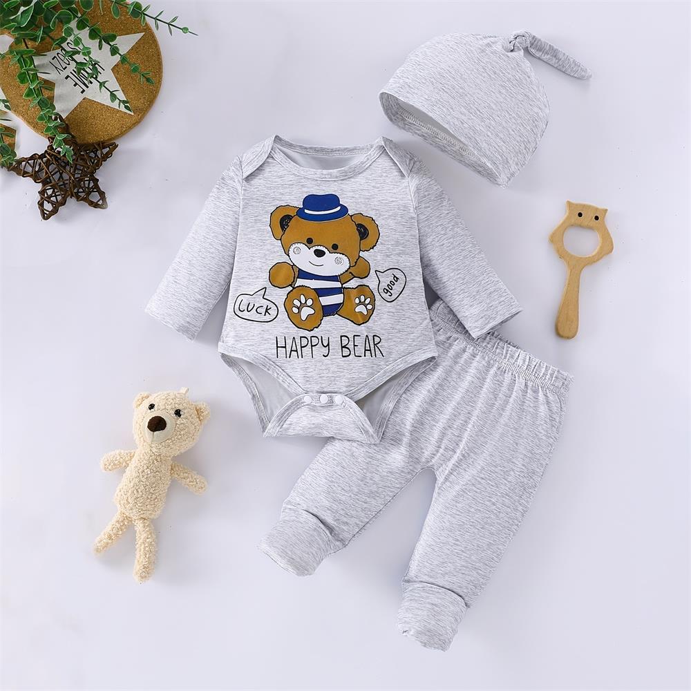 3PCS Happy Bear Print Long Sleeve Baby Set