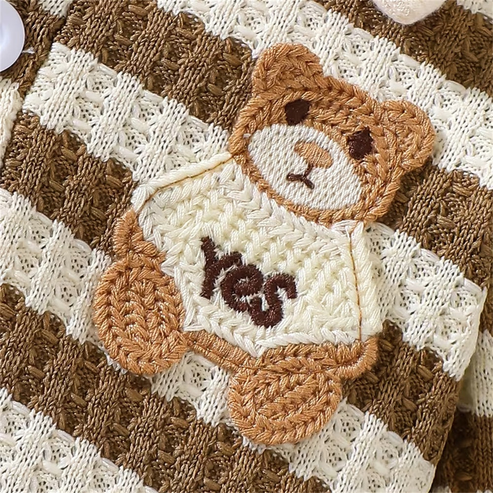 3PCS Stripe Print Bear Applique Long Sleeve Baby Set