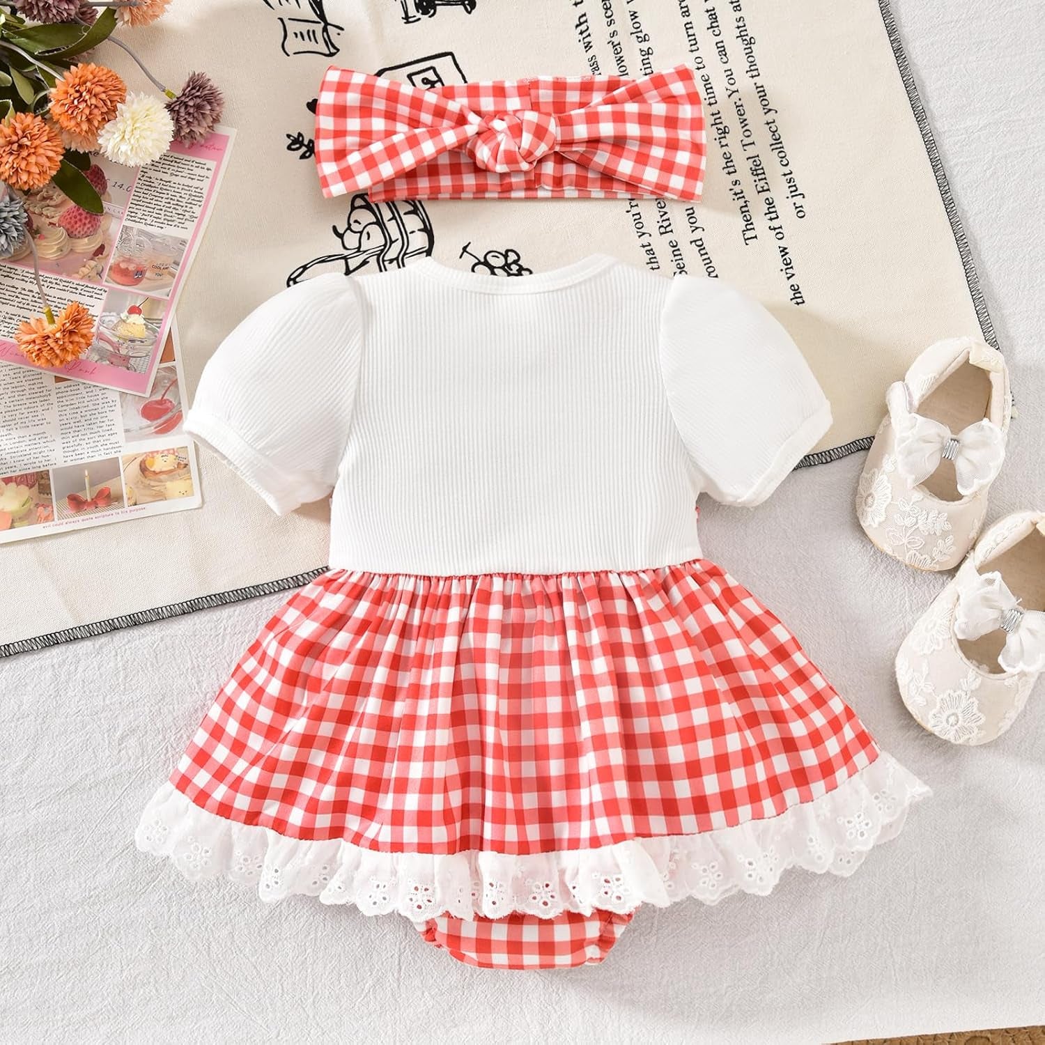 2PCS Cheerful Faux Layered Plaid Print Short Sleeve Baby Romper