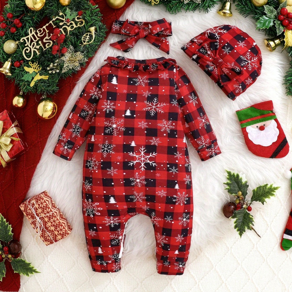 3PCS Merry Christmas Letter Snow Plaid Printed Baby Jumpsuit