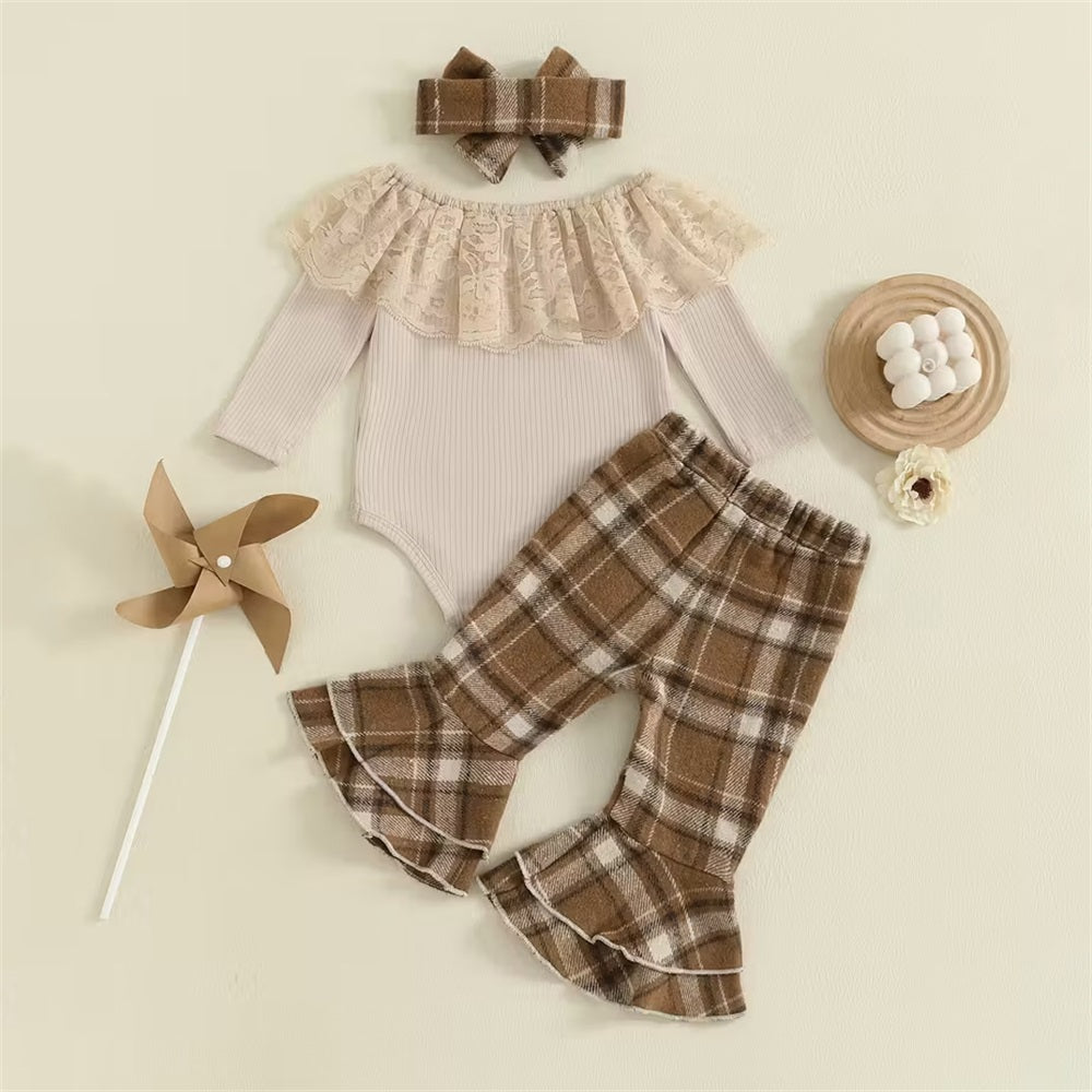 3PCS Stylish Plaid Print Lace Trim Long Sleeve Baby Set