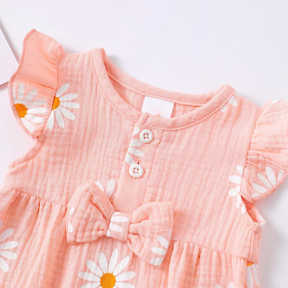 2PCS Cute Daisy Printed Bow Sleeveless Baby Jumpsuit