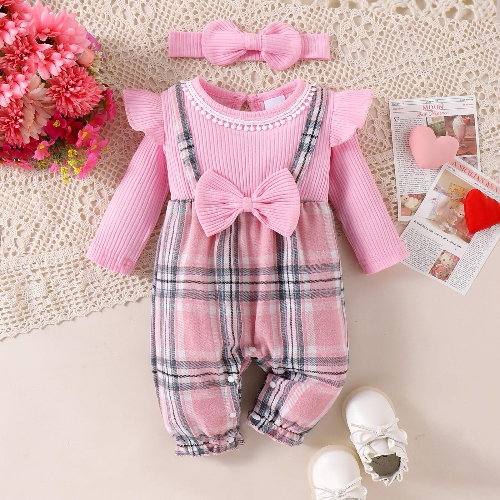 2PCS Sweet Plaid Printed Bowknot Long Sleeve Baby Jumpsuit